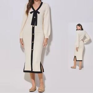 NWT Able Los Angeles Cream  Black Long Sleeve Bow Gold Button Classic Dress SZ L